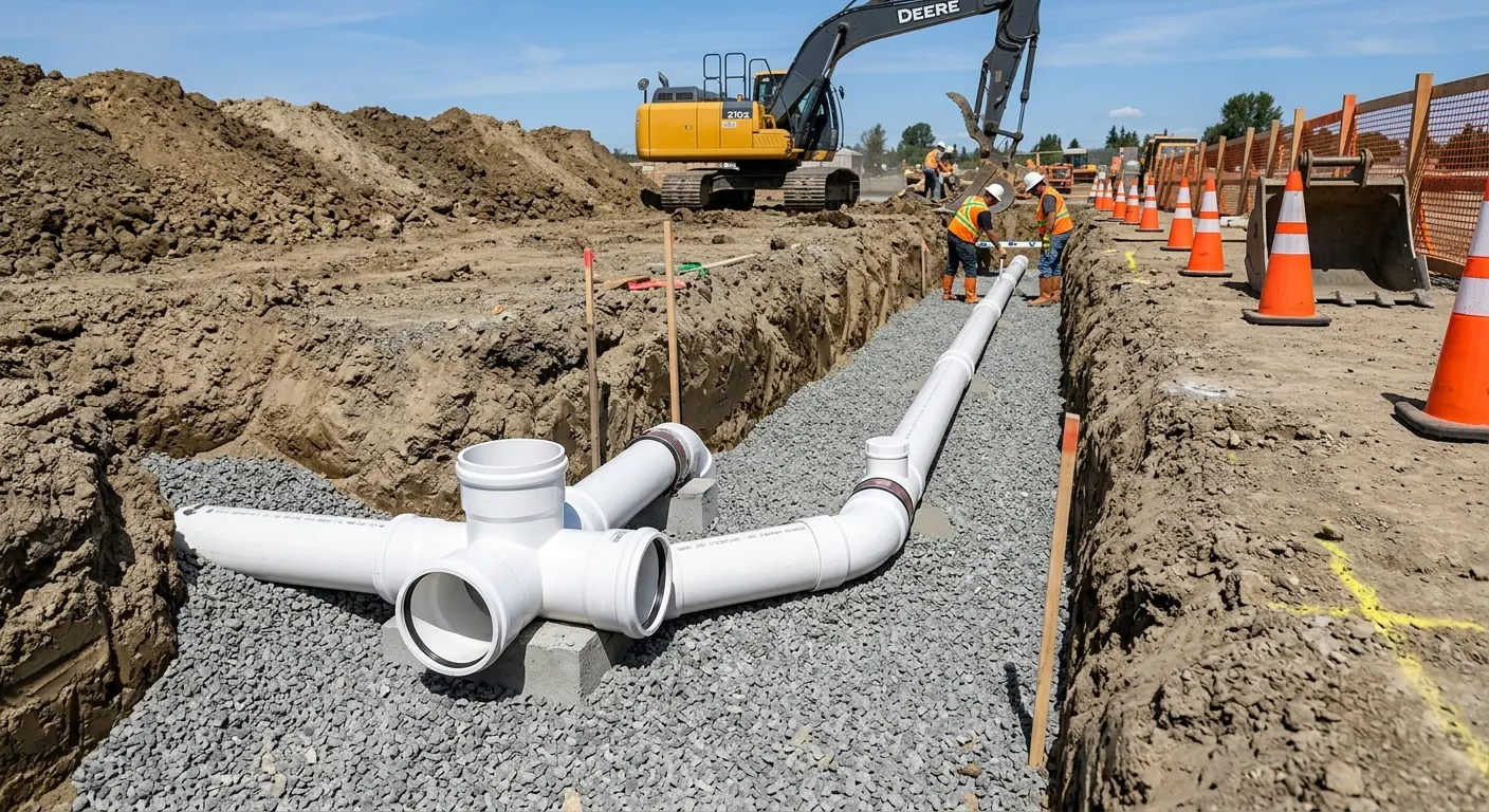 New PVC sewer pipe installation in open trench for Commercial Drain Cleaning in Upper Milford