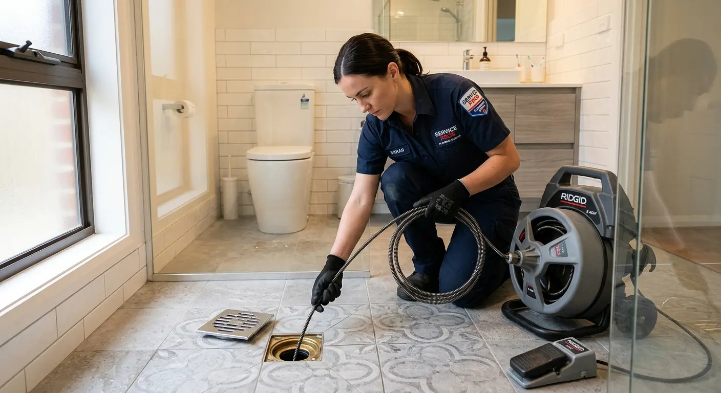 Technician clearing a bathroom floor drain for Clogged Drain Repair in Upper Milford
